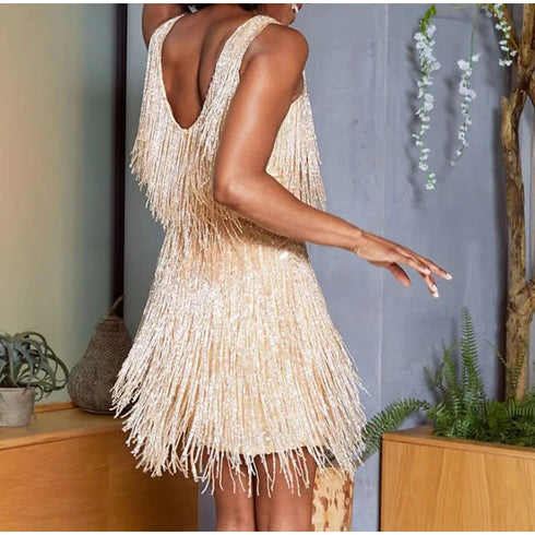 Elegant Sequined Mini Dress with Tassels and Feathers for Women - Spaghetti Strap Evening Party Attire